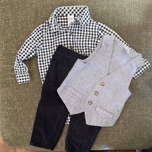 Black and White Checkered Shirt with Gray Vest and Black Pants Set